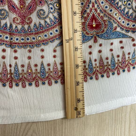 Royal Paisley Gypsy Embroidered Floral Maxi Skirt L White Boho Hippie Rhinestone - Picture 7 of 10